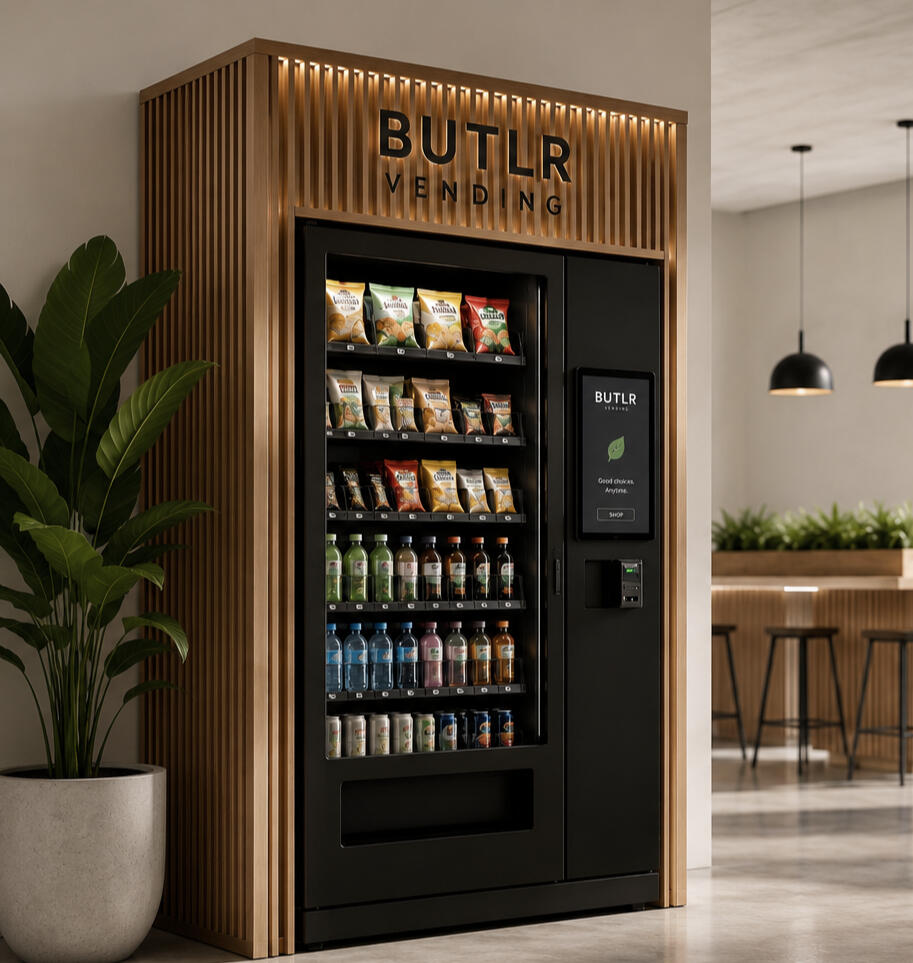 BUTLR Healthy Vending Lounge Modern BUTLR healthy vending machine in a premium wood-slat surround located in a contemporary office lounge in Sarnia-Lambton.