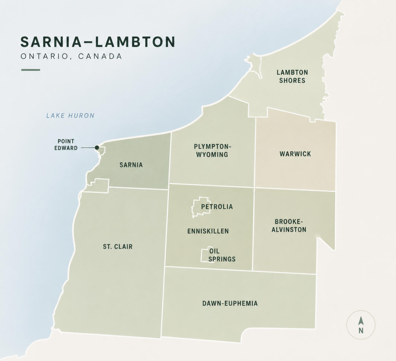 Sarnia-Lambton Service Area Modern map showing BUTLR Vending's service area throughout Sarnia-Lambton, Ontario.